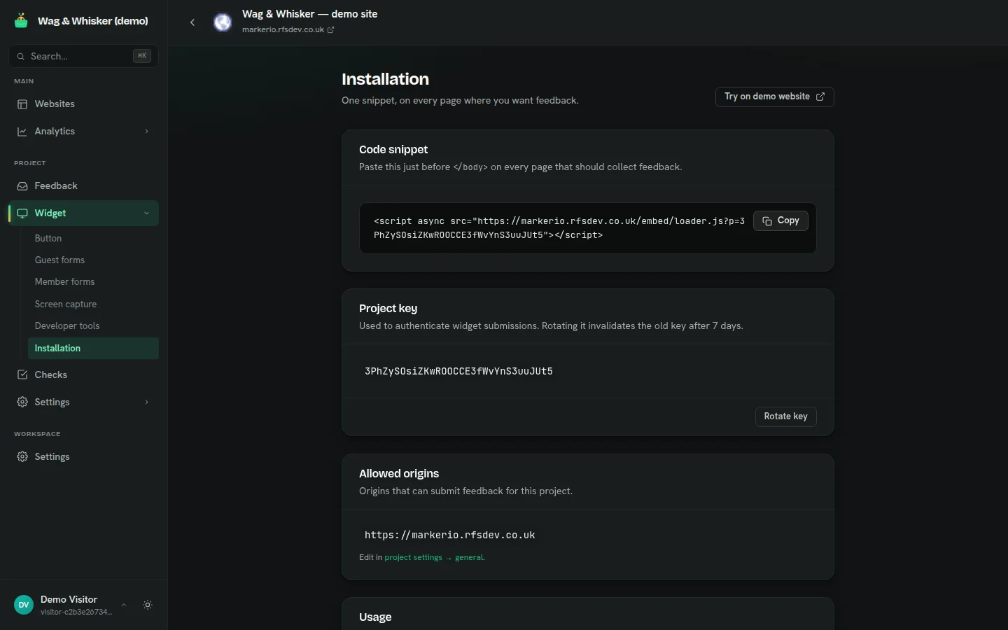 The Bugpot installation page showing the embed snippet with a project key